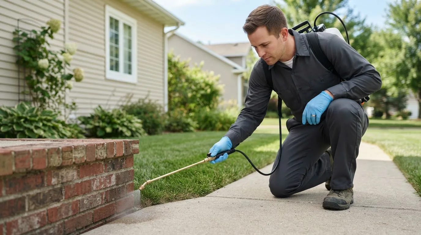 Pest control technician treating a home near Belen, NM